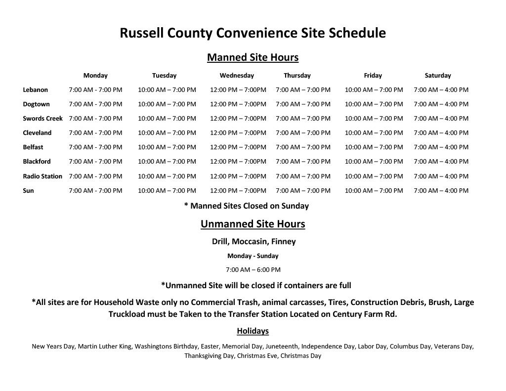 Solid Waste Convenience Sites - Schedule