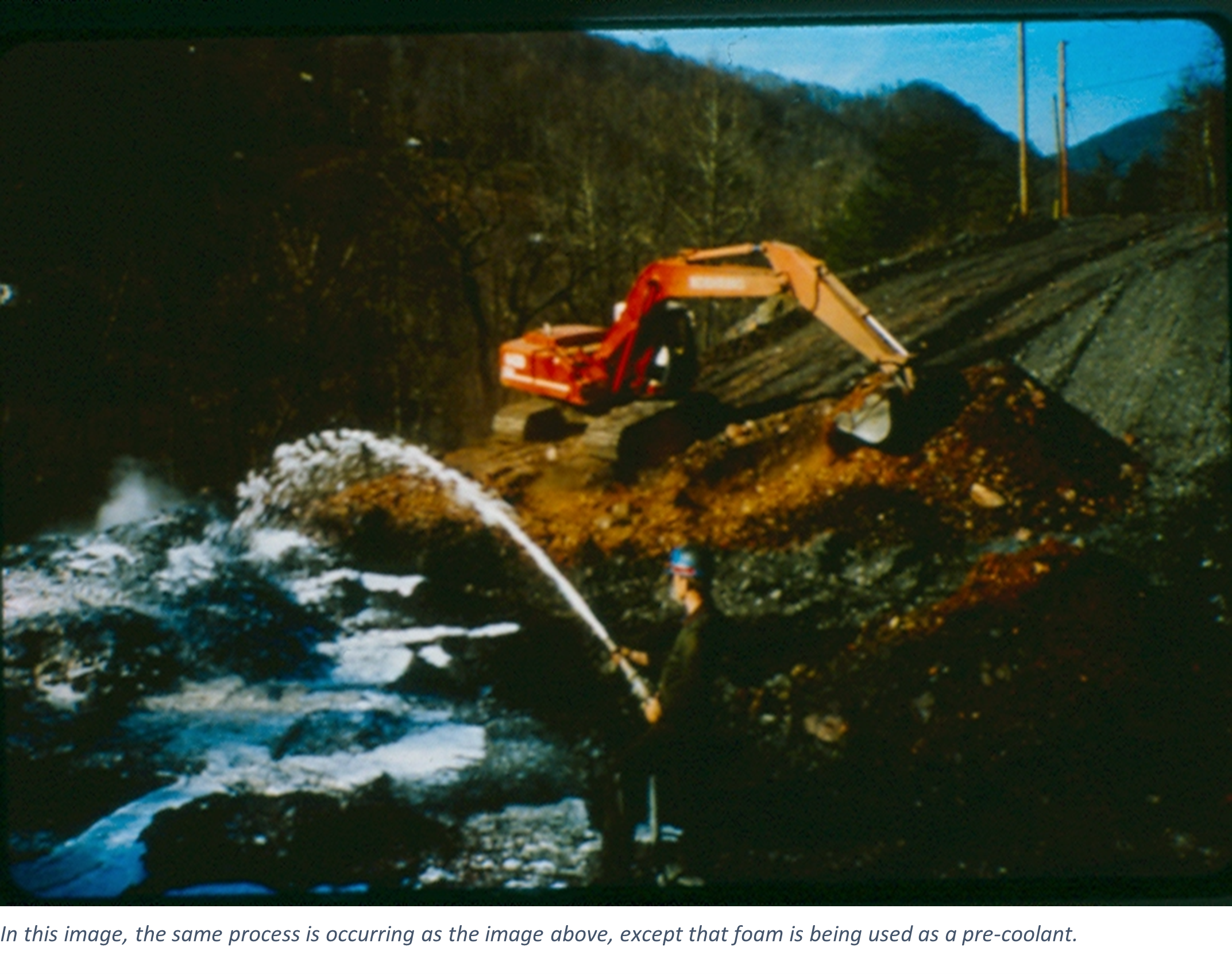 In this image, the same process is occurring as the image above, except that foam is being used as a pre-coolant.