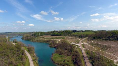 Aerial photo of a reclaimed lake and adjacent infrastructure in Ohio. 